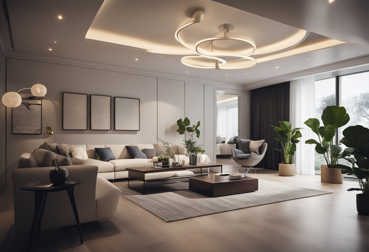 A modern living room with multiple plafonijere ceiling lights illuminating the space evenly