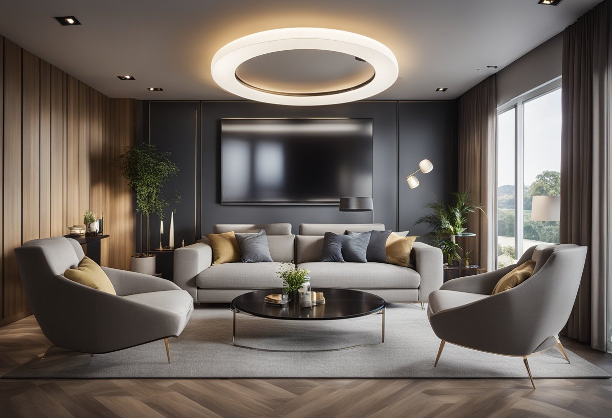 A modern living room with multiple ceiling lights illuminating the space. The sleek and stylish design of the fixtures adds a contemporary touch to the room