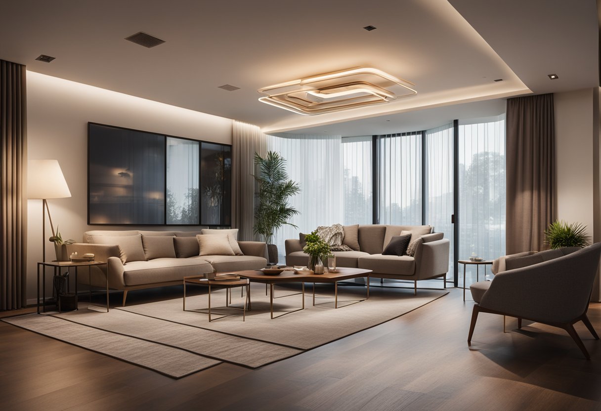 A modern living room with a sleek, minimalist ceiling light fixture casting a warm, ambient glow throughout the space