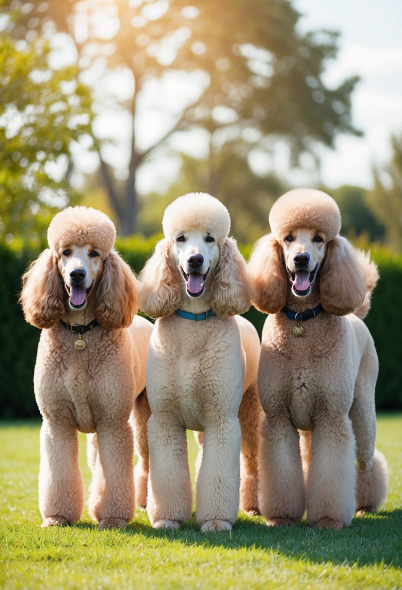 Three giant royal standard poodles standing side by side, their fluffy fur shimmering in the sunlight, tails wagging happily