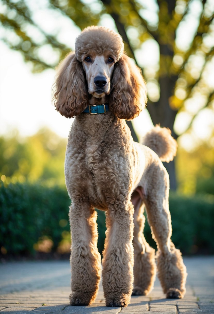 A majestic royal standard poodle stands tall and regal, its thick, curly coat shimmering in the sunlight. With a proud stance and intelligent eyes, it exudes grace and elegance