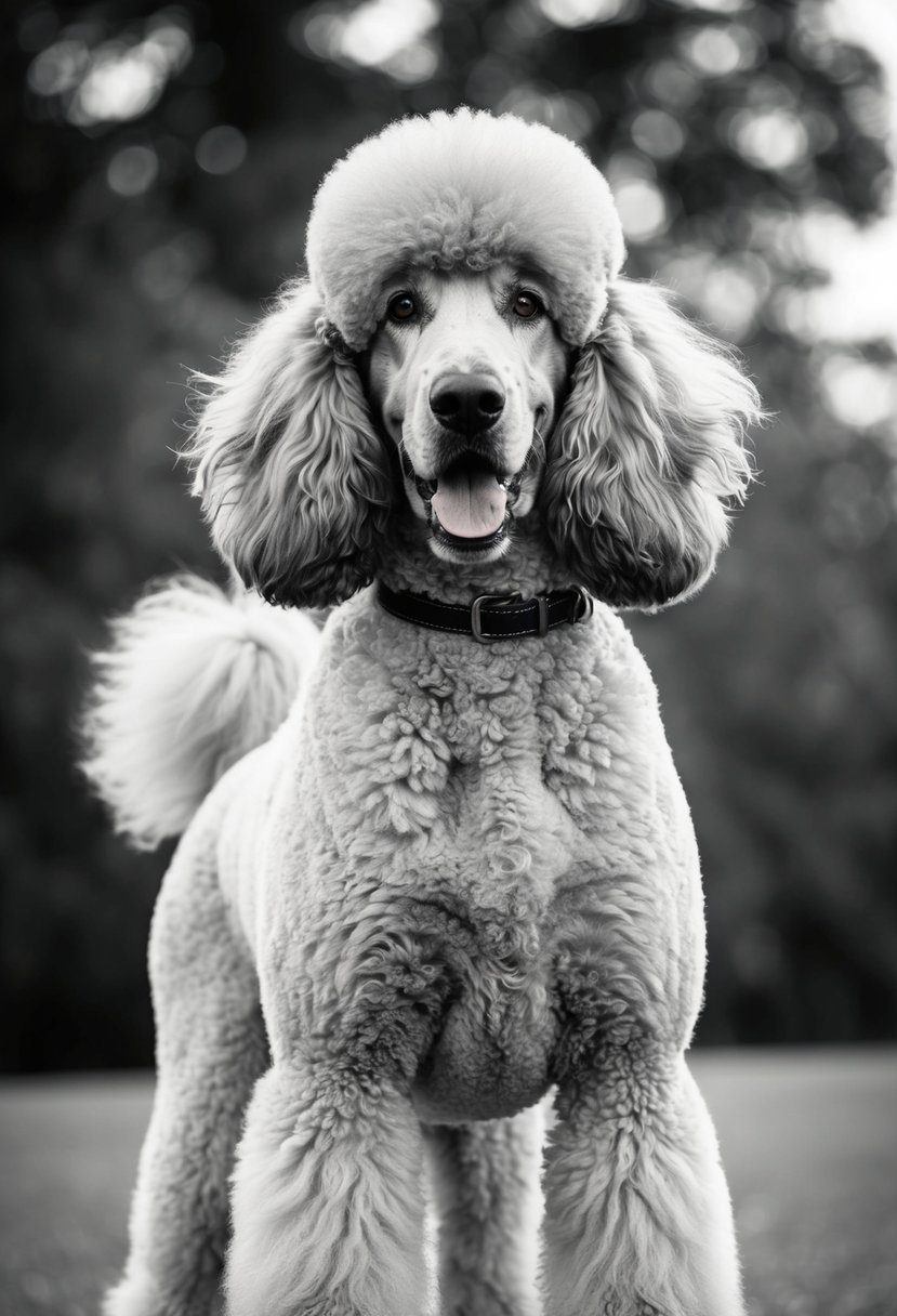 A regal giant poodle stands proudly, its fluffy coat flowing in the wind. Its head held high, it exudes an air of elegance and grace