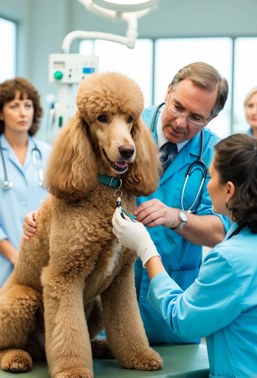 Giant royal standard poodles with health problems. Show a veterinarian examining a poodle, with medical equipment and concerned owners in the background