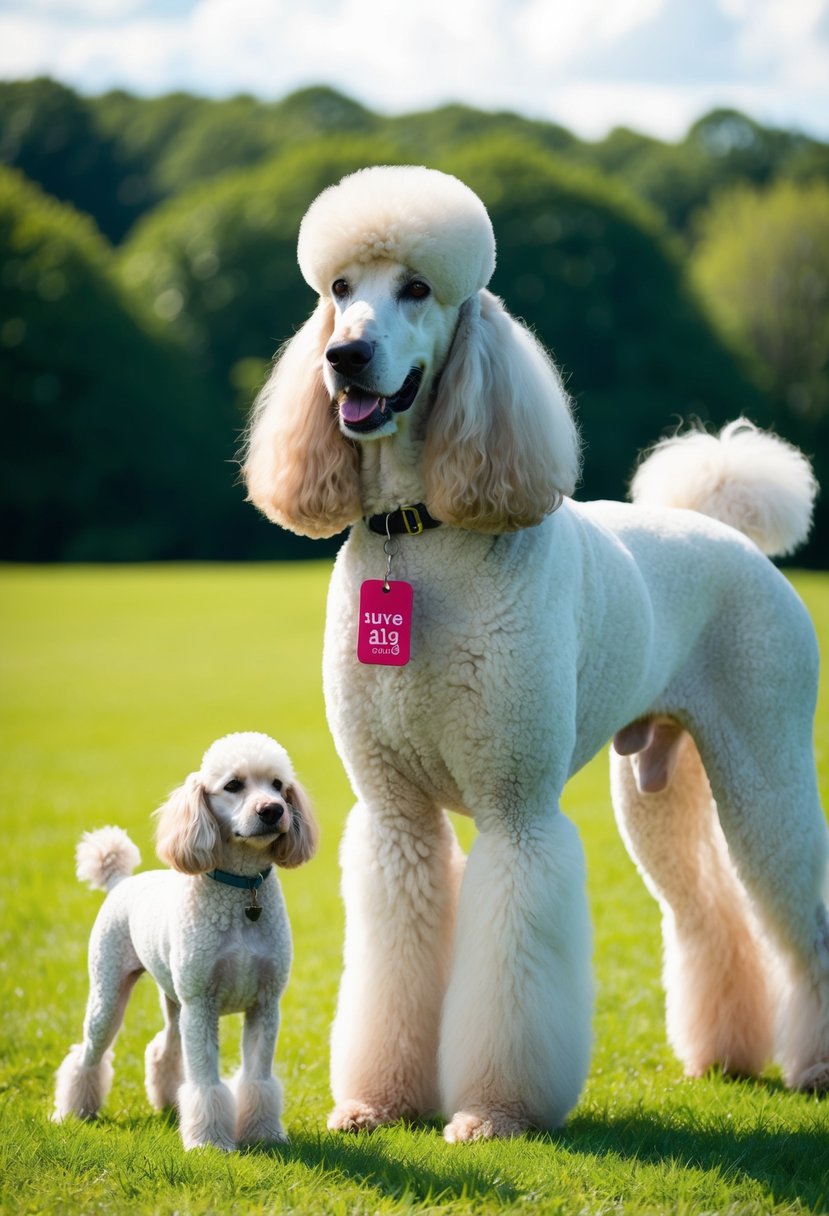 A giant royal standard poodle stands proudly in a lush green field, its fluffy white coat shining in the sunlight. Nearby, a price tag dangles from a dog collar, indicating the cost