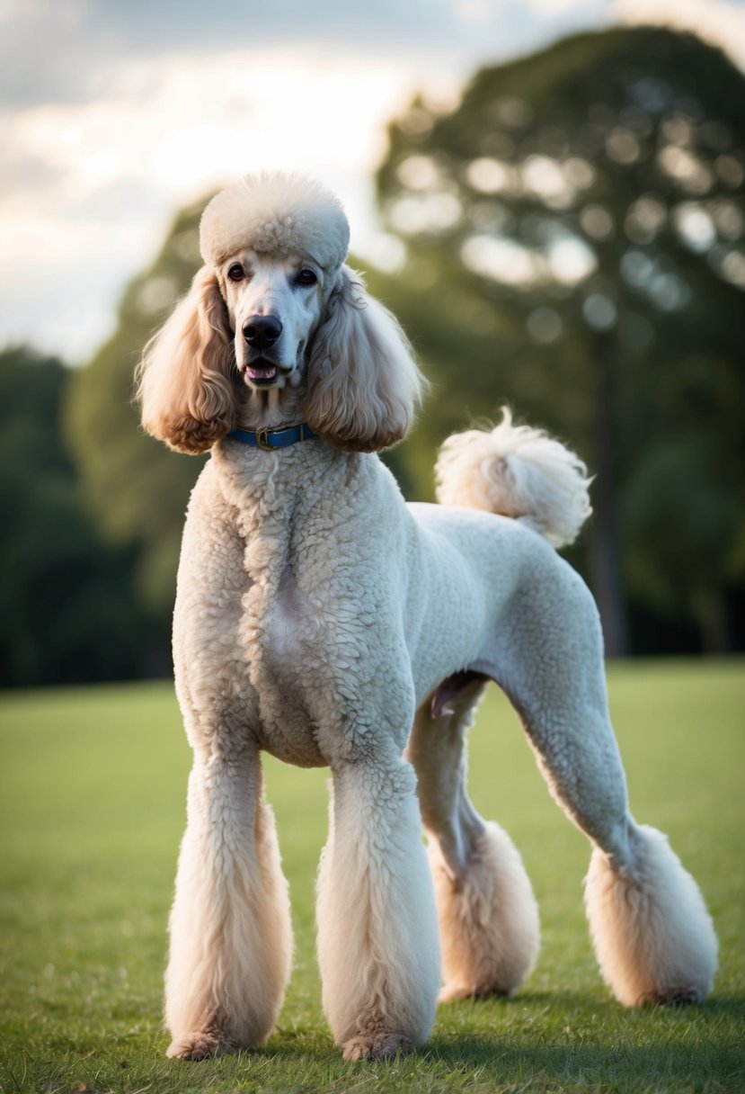 A majestic royal poodle stands tall and proud, with a luxurious coat flowing in the wind. Its regal stature and elegant demeanor capture the essence of this giant breed