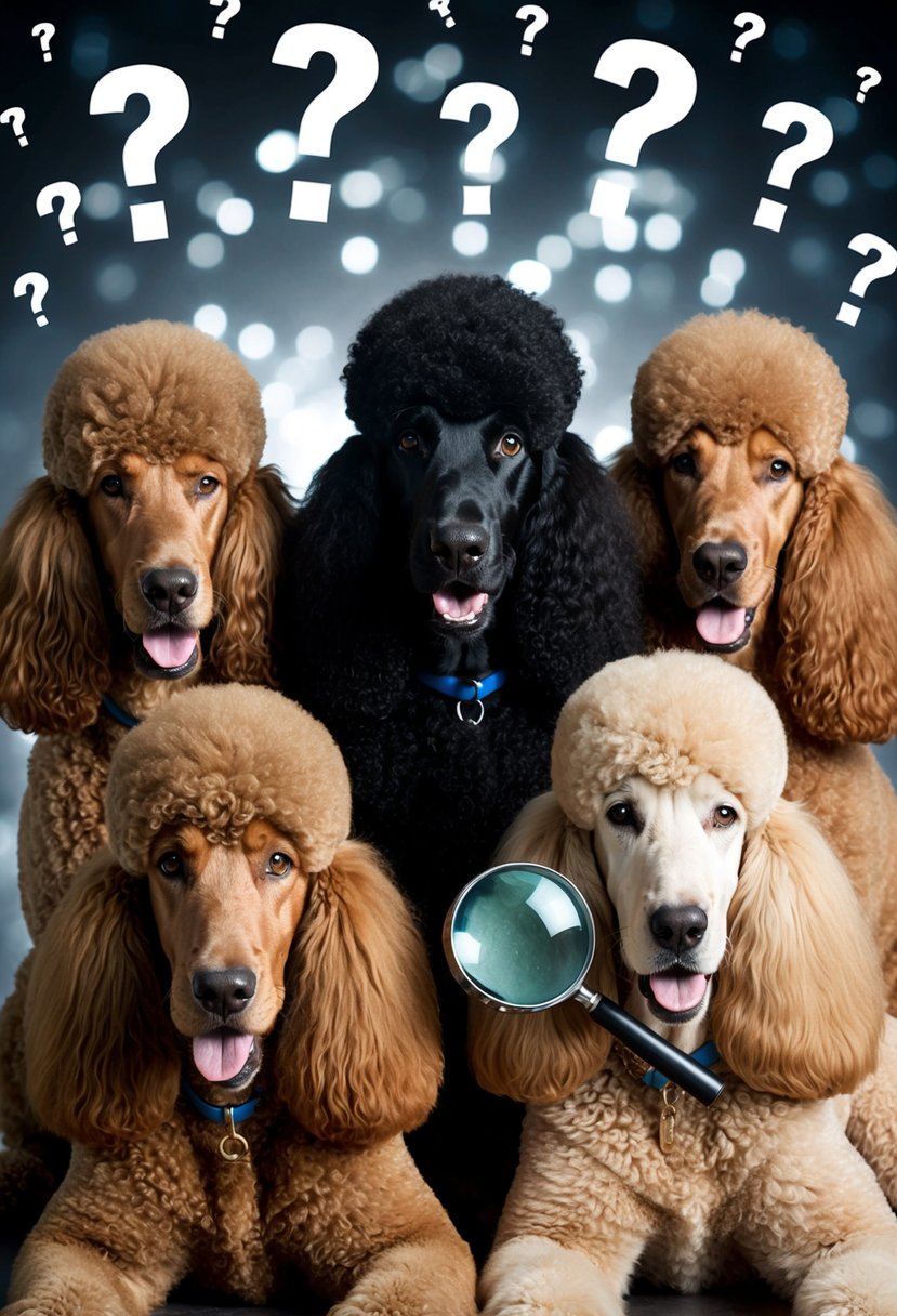 A group of giant royal standard poodles surrounded by question marks and a magnifying glass, representing frequently asked questions