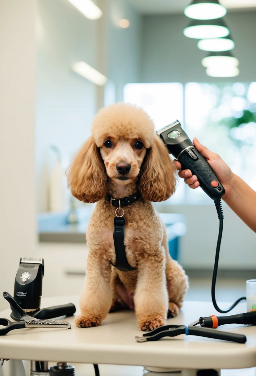 A poodle sits calmly as it gets groomed with professional dog clippers, surrounded by grooming tools and a clean, well-lit environment