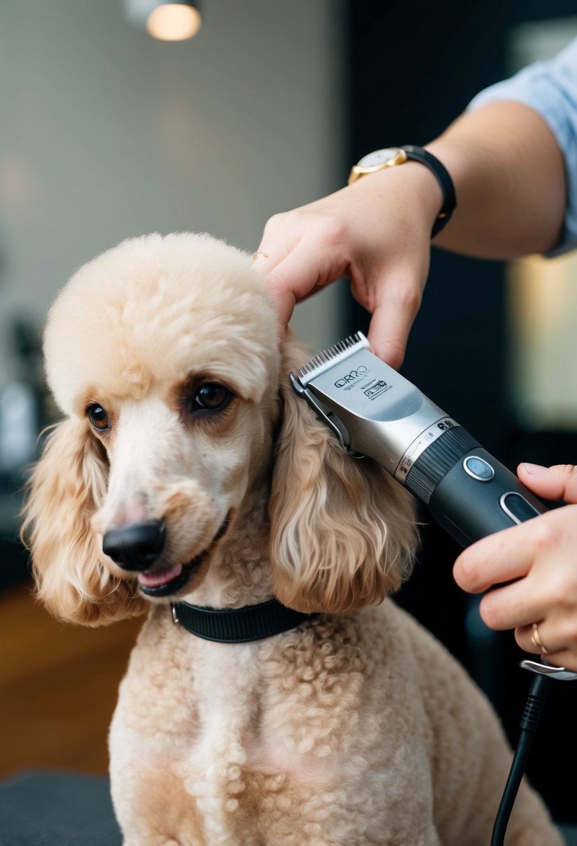 A poodle being groomed with a professional dog clipper. The groomer's hand skillfully trims the poodle's fur, creating a clean and even cut