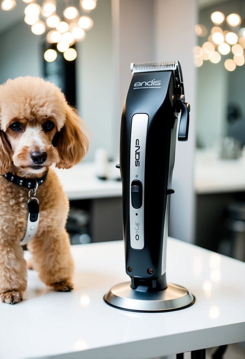 A sleek, modern Andis 22340 clipper sits on a clean, white grooming table, ready to be used on a fluffy poodle