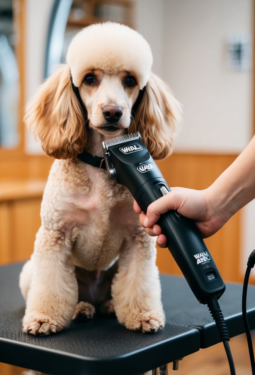 A poodle sits calmly on a grooming table as a cordless clipper trims its fur. The Wahl Arco clipper moves effortlessly, leaving the poodle with a neatly groomed coat