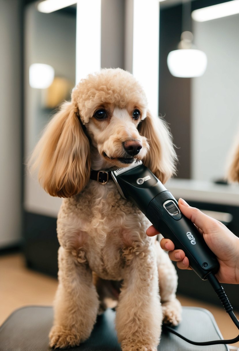 A poodle with long hair being groomed with an Oster A5 clipper