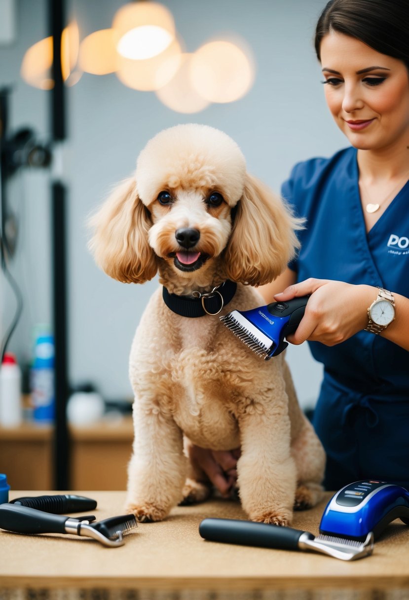 A poodle being groomed with the best dog clippers, surrounded by grooming tools and a calm, attentive groomer