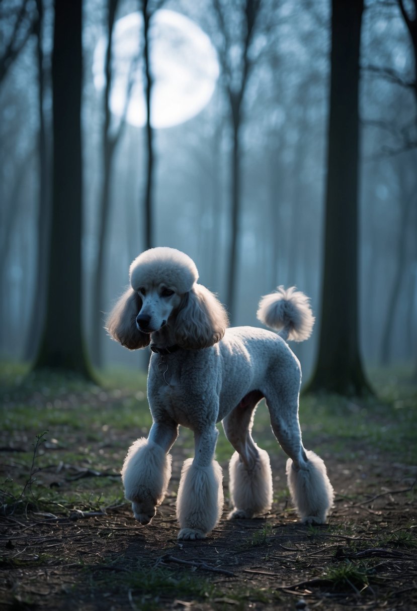 A phantom poodle prances through a moonlit forest, its ethereal form blending seamlessly with the misty surroundings