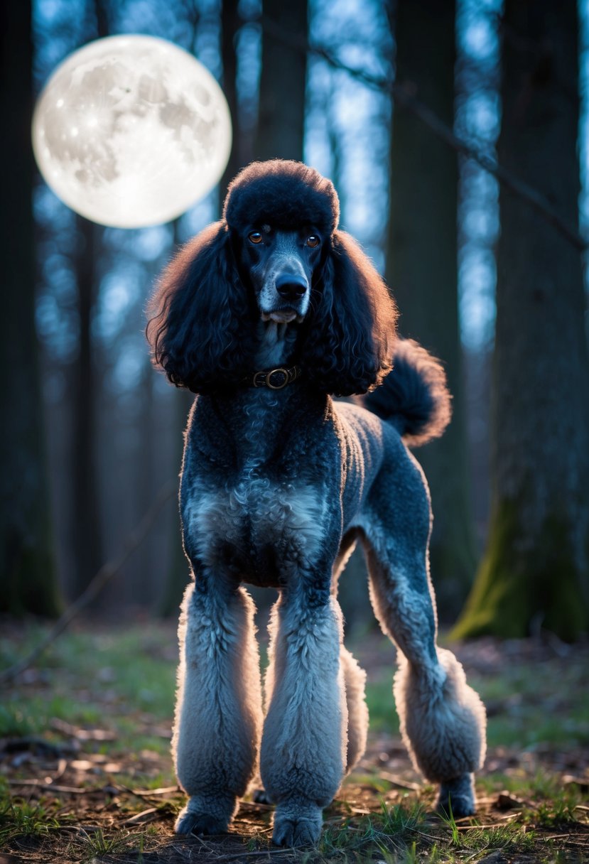 A phantom poodle stands in a moonlit forest, its coat a mix of black and silver, with piercing eyes and an elegant stance