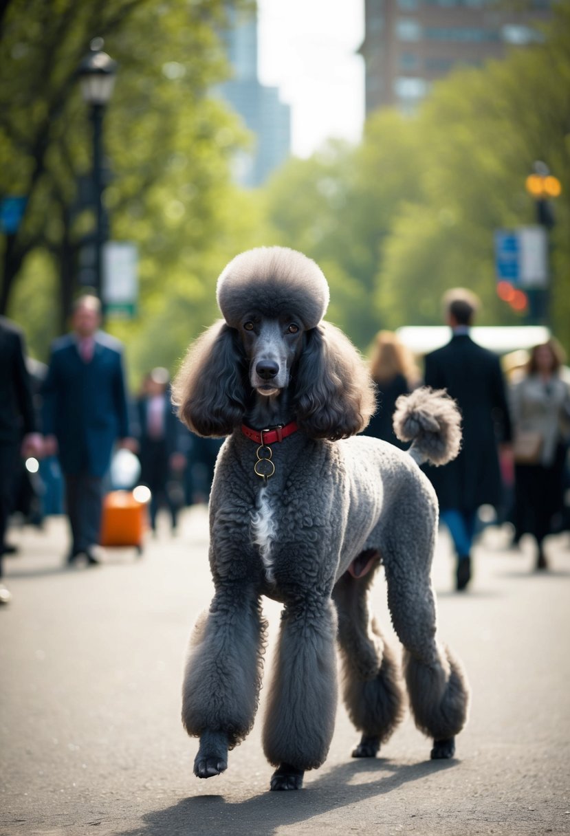 A regal phantom poodle struts through a bustling city park, catching the attention of passersby with its elegant demeanor and striking appearance