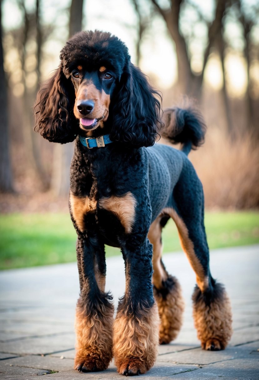 A phantom poodle, with a black base coat and distinct tan markings on its face, chest, legs, and underbelly