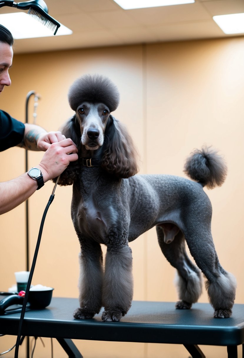 A Phantom Poodle stands on a grooming table, its coat neatly brushed and trimmed. A groomer carefully trims its fur, paying close attention to the distinctive phantom markings. The poodle stands patiently, looking regal and well-groomed