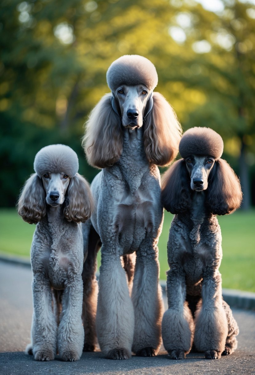 Three Phantom Poodles of varying sizes stand side by side, showcasing the different size variations of the breed