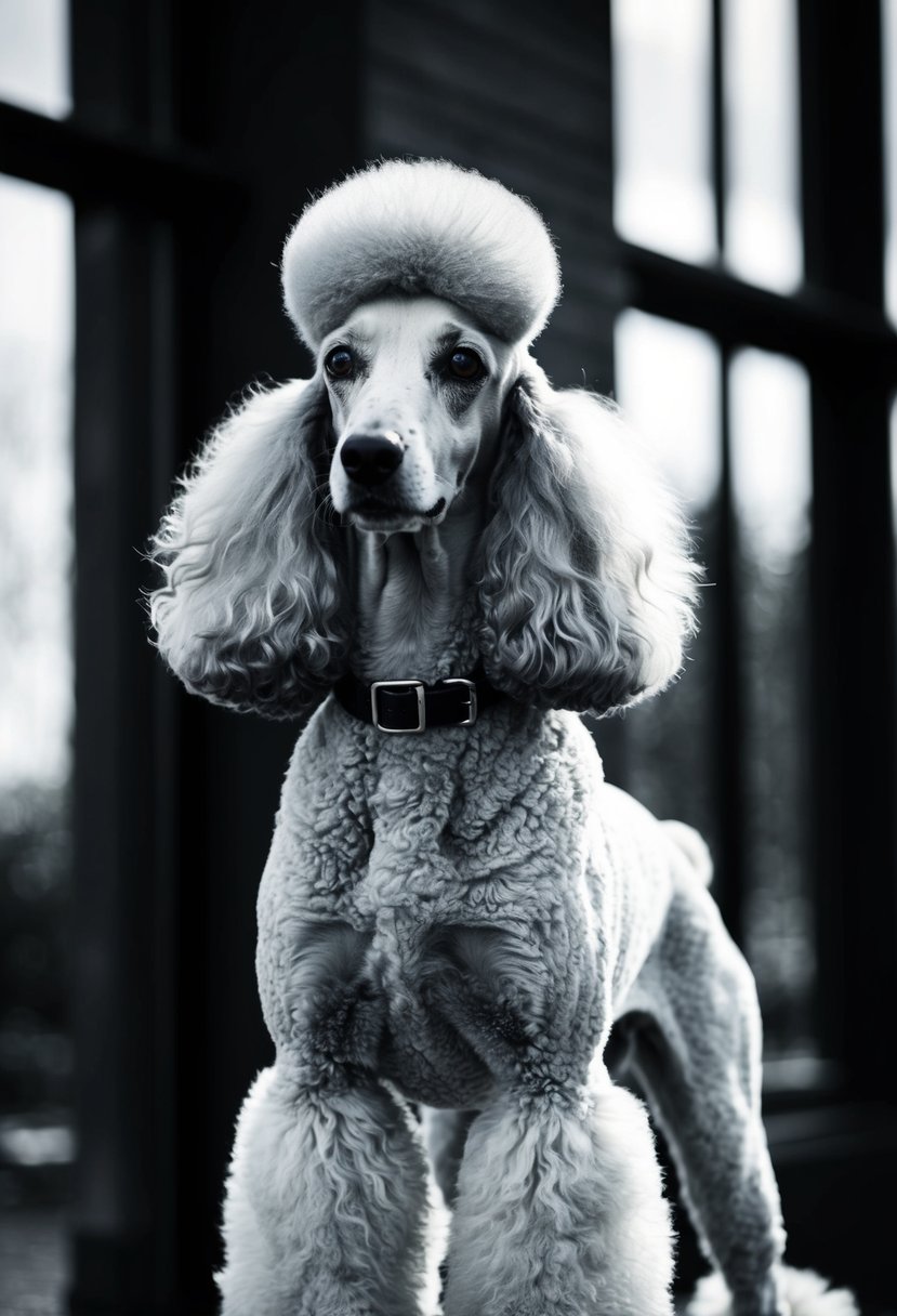 A Phantom Poodle stands alert, with a confident and elegant demeanor. Its head is held high, and its eyes are bright and attentive