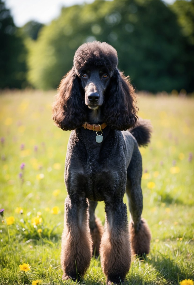 A phantom poodle stands in a sunlit meadow, its black coat accented with rust-colored markings. The dog's alert ears and bright eyes convey a sense of intelligence and curiosity