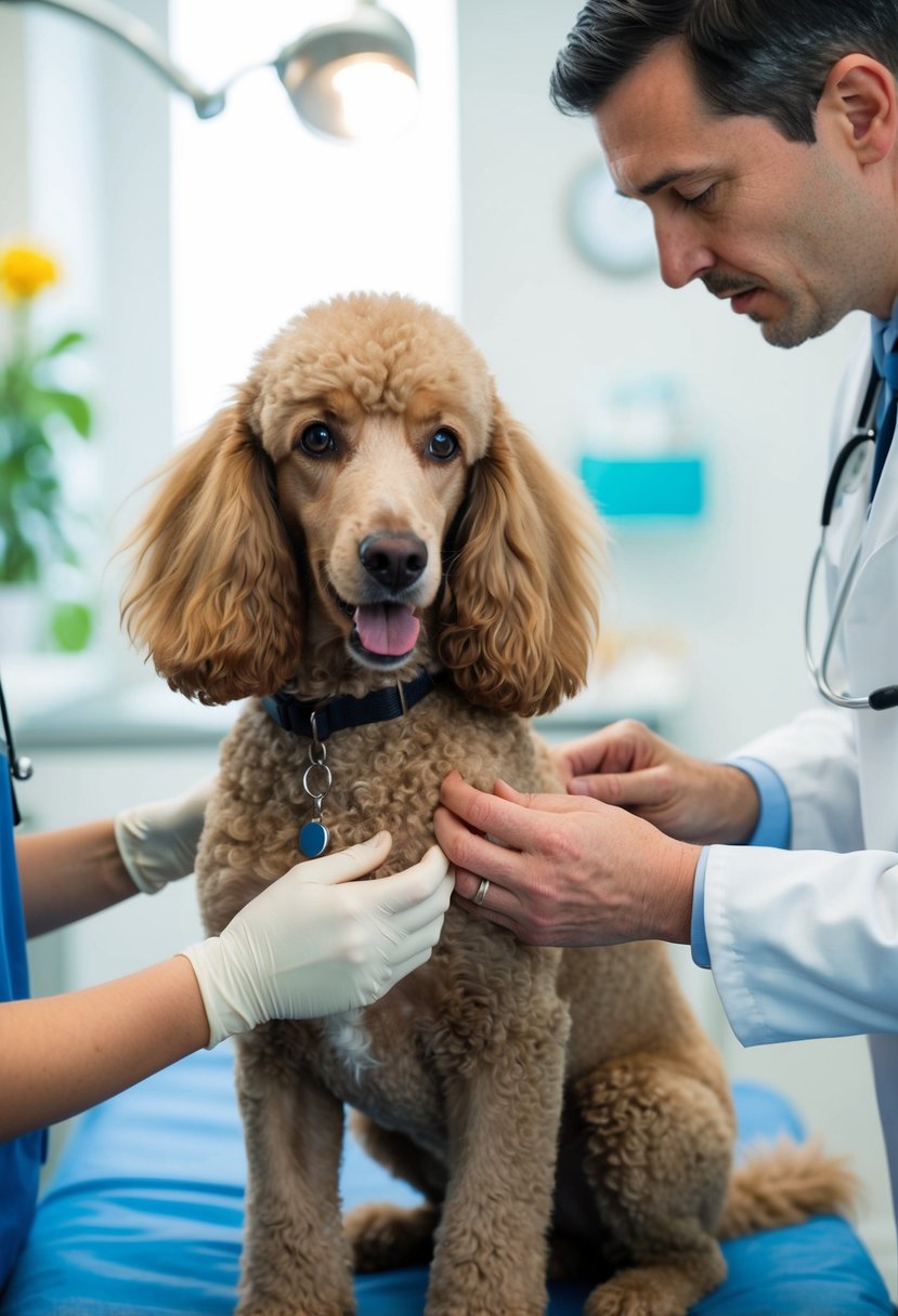 A Phantom Poodle with health problems, such as Addison's disease, patellar luxation, and epilepsy, could be depicted in a veterinary clinic receiving treatment from a veterinarian