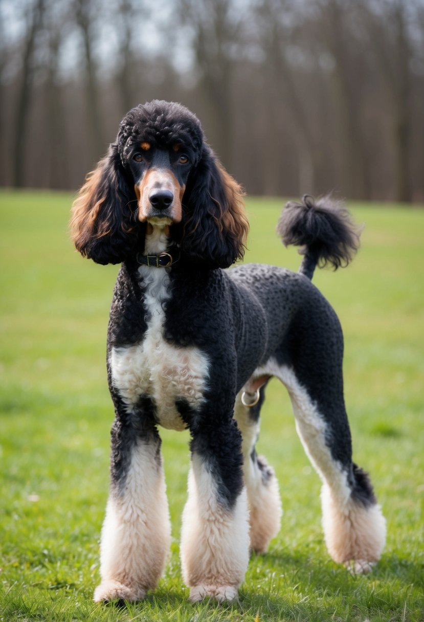 A Phantom Poodle with distinct black and tan coat markings stands alert in a grassy field, showcasing the genetic factors that contribute to its unique coat pattern