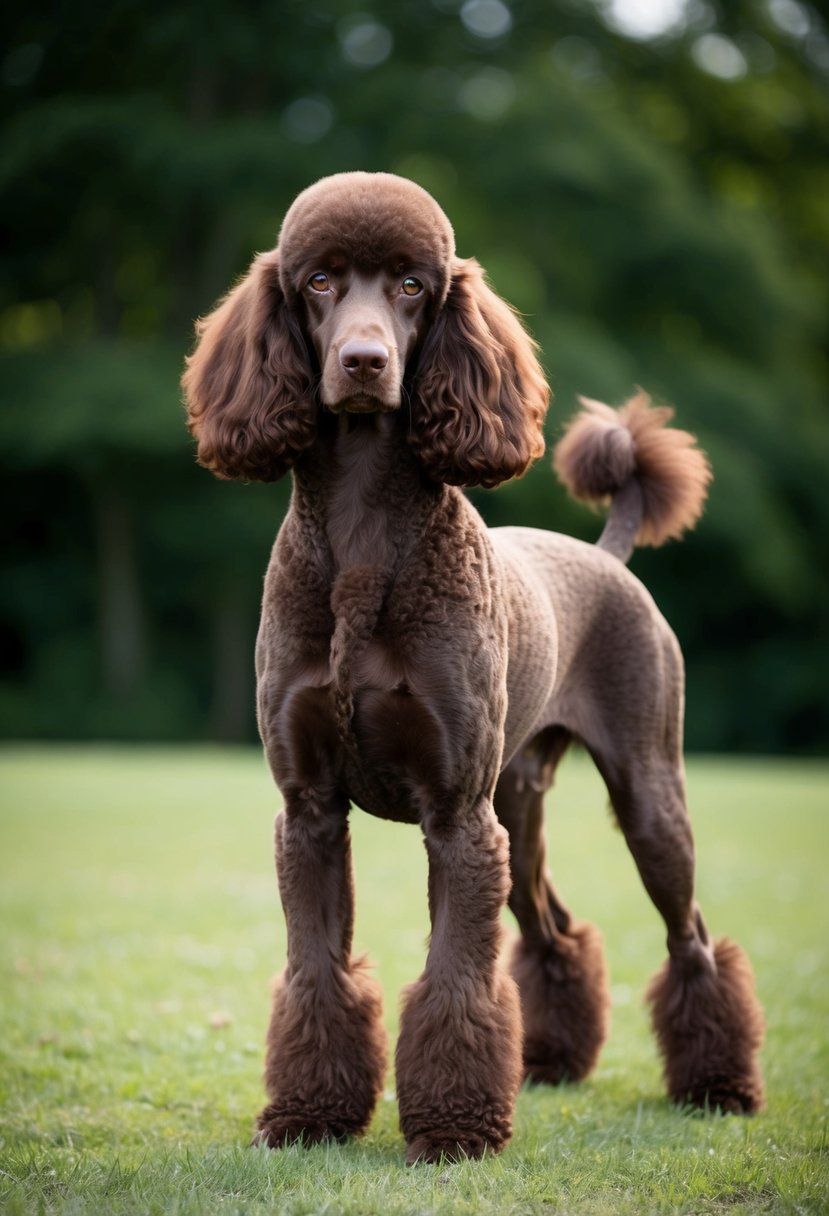 A chocolate phantom poodle stands proudly, its sleek, dark brown coat accented by subtle tan markings. Its eyes gleam with intelligence and its tail curls gracefully over its back