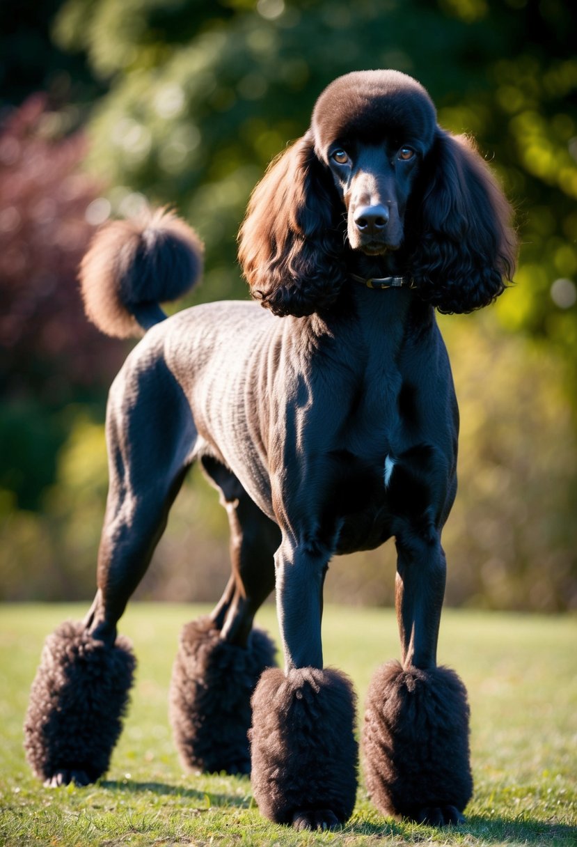 A sable phantom poodle stands gracefully, with a rich, dark coat and distinctive markings. Its eyes are bright and alert, and its posture exudes elegance and confidence