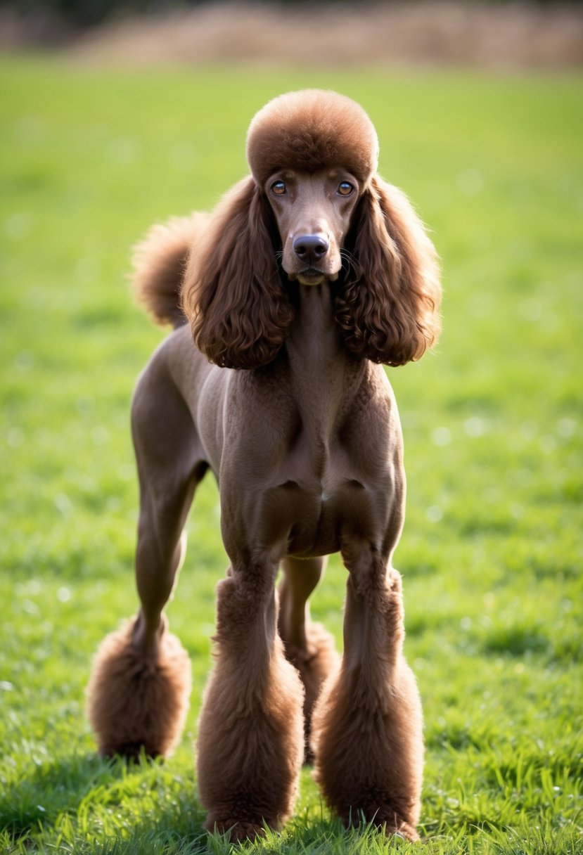 A brown phantom poodle stands alert in a grassy field, its sleek coat shimmering in the sunlight. The poodle's distinctive markings create a striking contrast against its rich brown fur