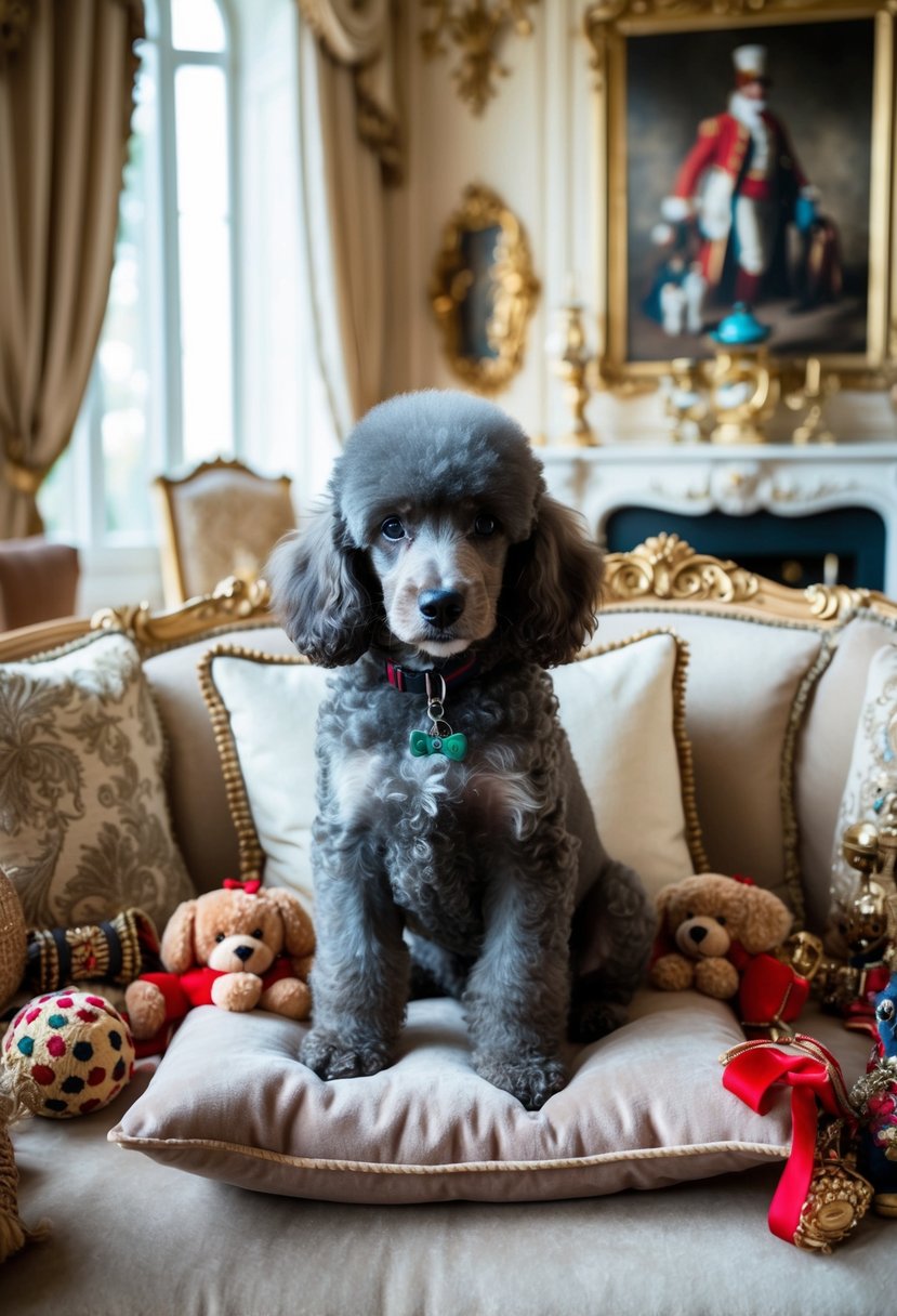 A phantom poodle puppy sits on a plush cushion, surrounded by elegant toys and accessories. The room is adorned with opulent furnishings and ornate decor