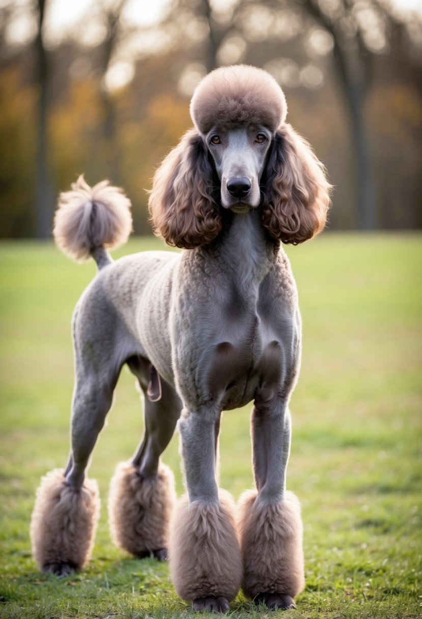 A phantom poodle stands confidently, showcasing its unique coat with distinct markings of a solid base color overlaid with specific points of another color