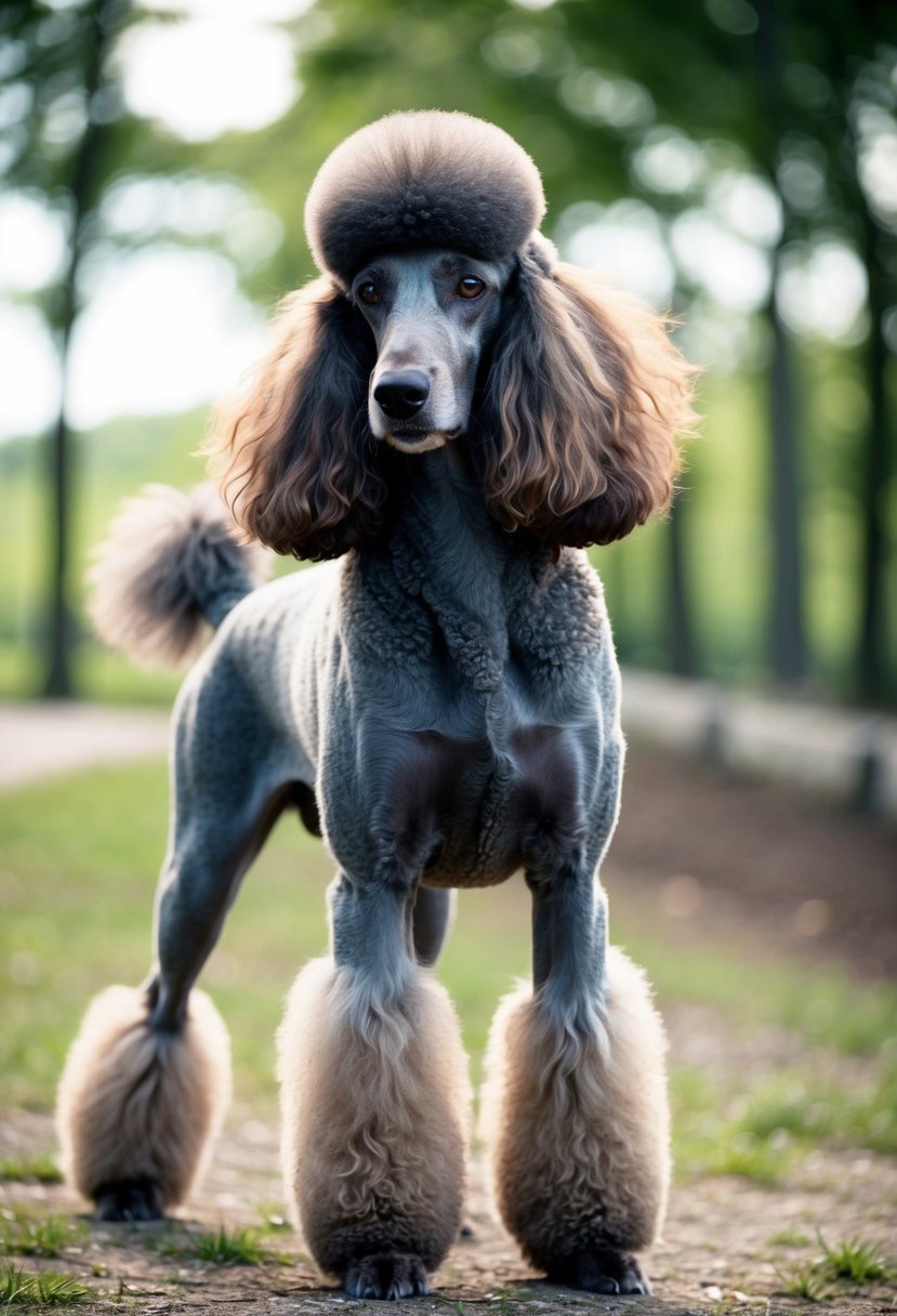 A phantom poodle stands proudly with its elegant, flowing coat and striking two-toned markings, surrounded by a peaceful and serene environment