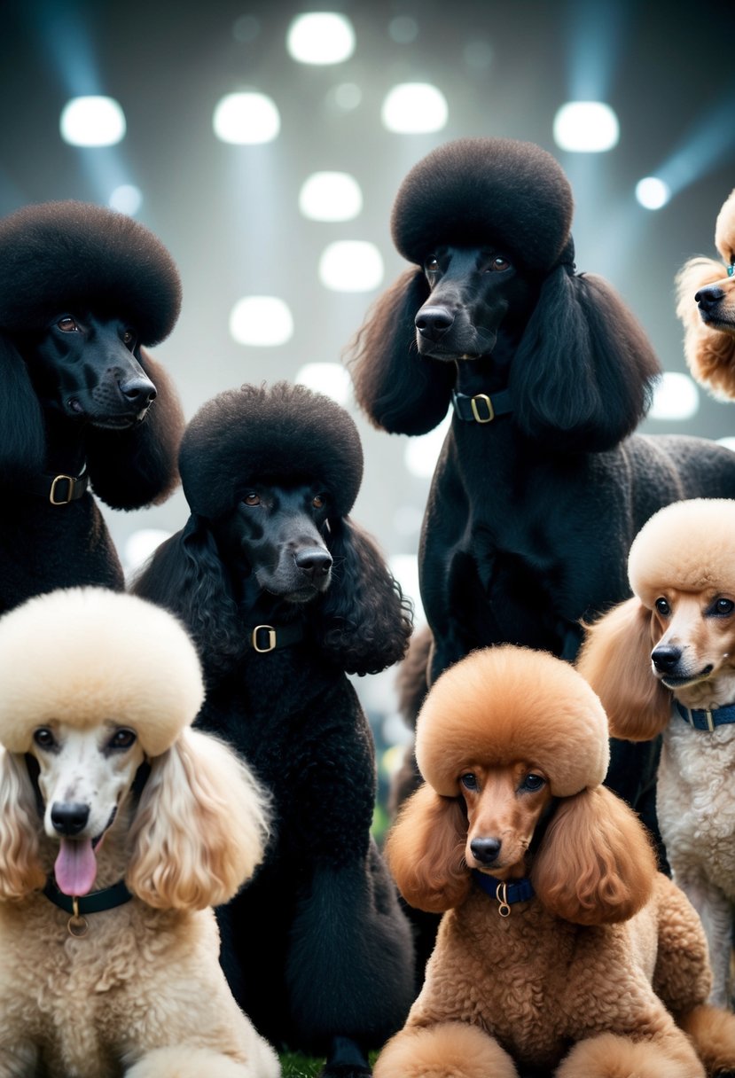 Phantom poodles face off against other poodle varieties in a dramatic showdown, with their sleek, black coats contrasting against the colorful and fluffy competitors