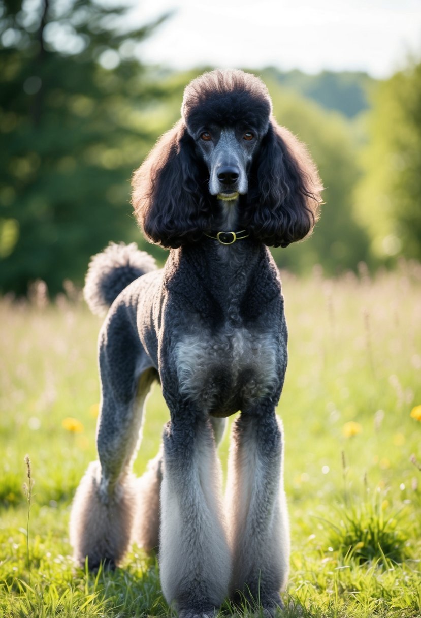 A phantom poodle stands proudly in a sunlit meadow, its sleek black and silver coat shimmering in the light. The dog's alert expression and elegant stance exude an air of confidence and intelligence