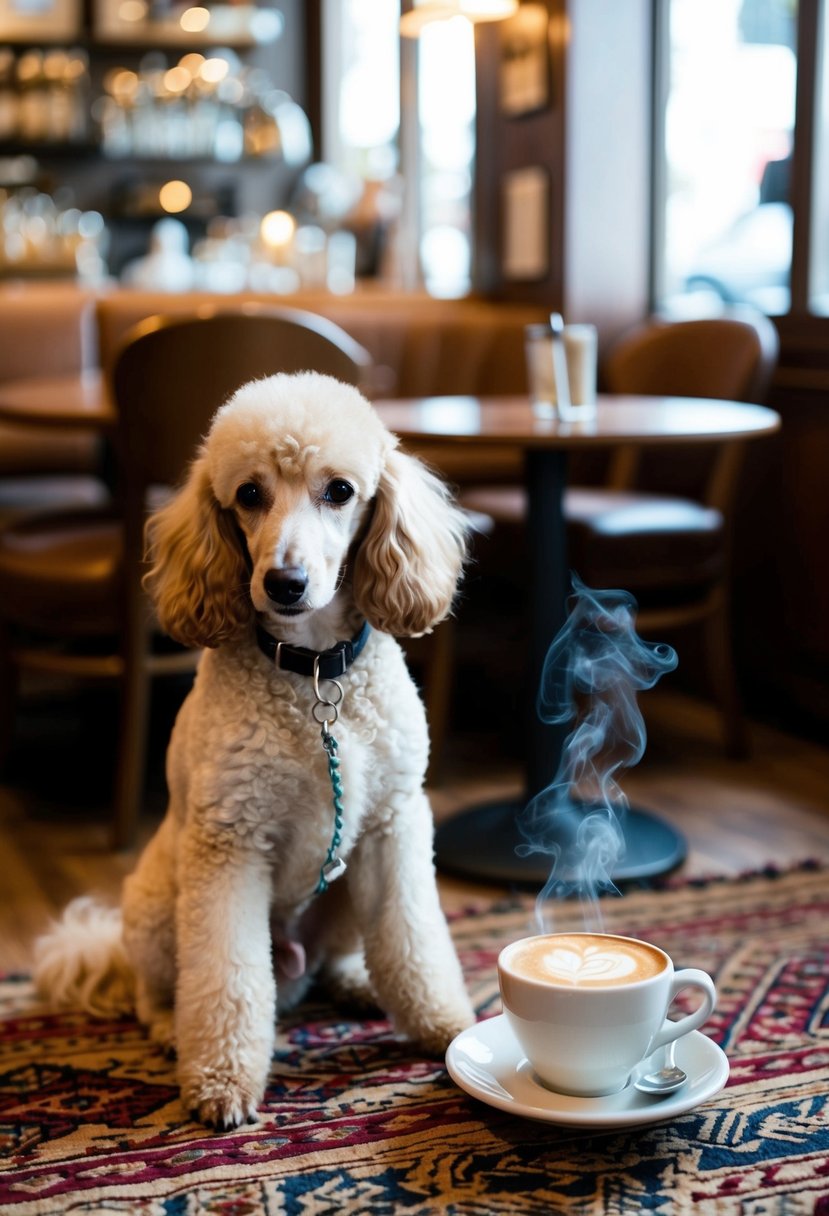 A cafe au lait poodle sits on a patterned rug in a cozy cafe, steam rising from a cup of coffee on the table