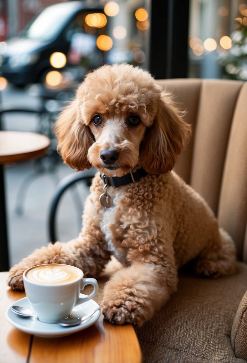 A fluffy cafe au lait poodle sits on a cozy cafe chair, with a steaming cup of coffee on the table