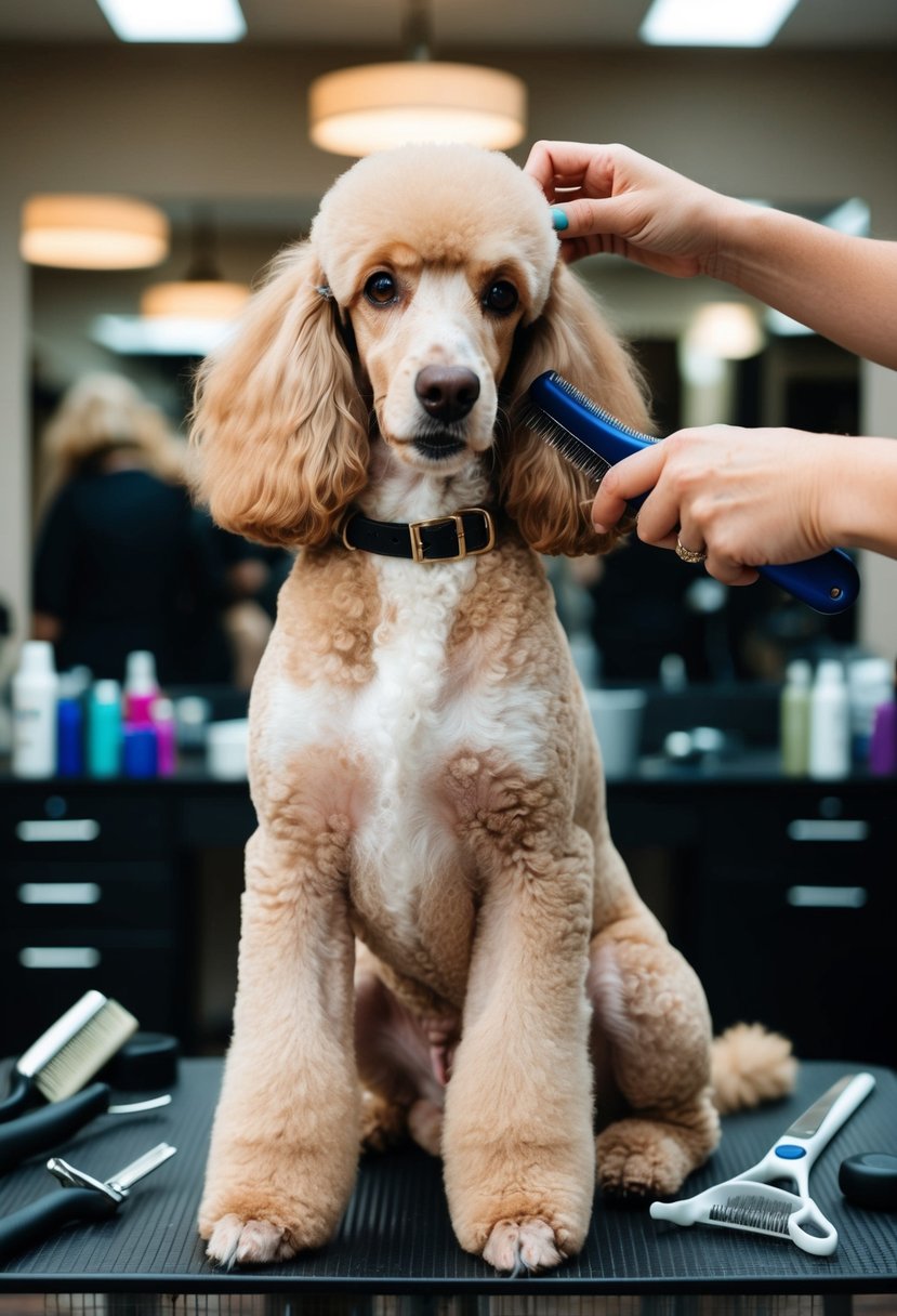 A cafe au lait poodle is being groomed, with its fur being brushed and trimmed. The poodle is sitting on a table, surrounded by grooming tools and accessories