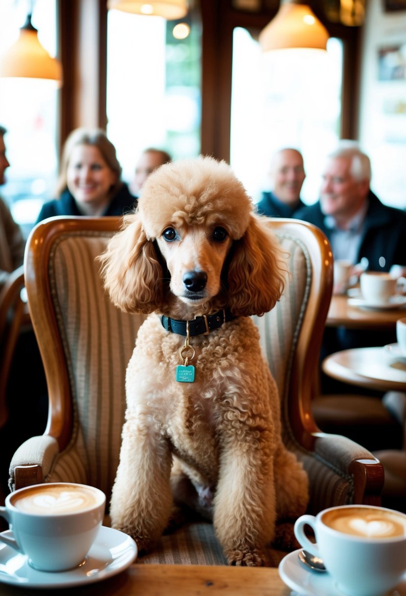 A fluffy cafe au lait poodle sits on a cozy chair in a charming cafe, surrounded by steaming cups of coffee and friendly chatter