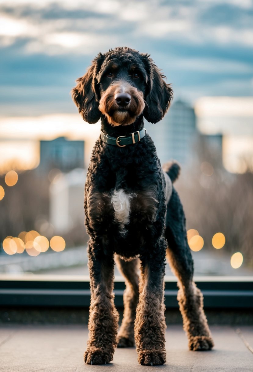 A doberdoodle, a mix of a doberman and a poodle, stands proudly with a sleek coat and a strong build, showcasing both the elegance of the doberman and the curly fur of the poodle