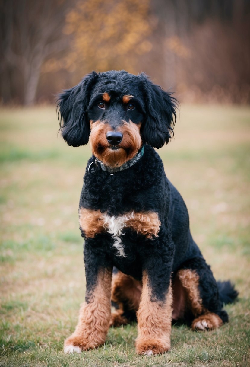 A Doberman Poodle mix, or Doberdoodle, is a medium-sized dog with a sleek, muscular body, a long snout, and floppy ears. Its coat is typically curly and can come in a variety of colors including black, brown, or gray