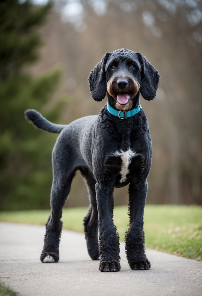 A Doberdoodle stands confidently, ears alert and tail wagging, showing no signs of aggression. Its sleek coat and intelligent eyes reflect a mix of Doberman and Poodle traits