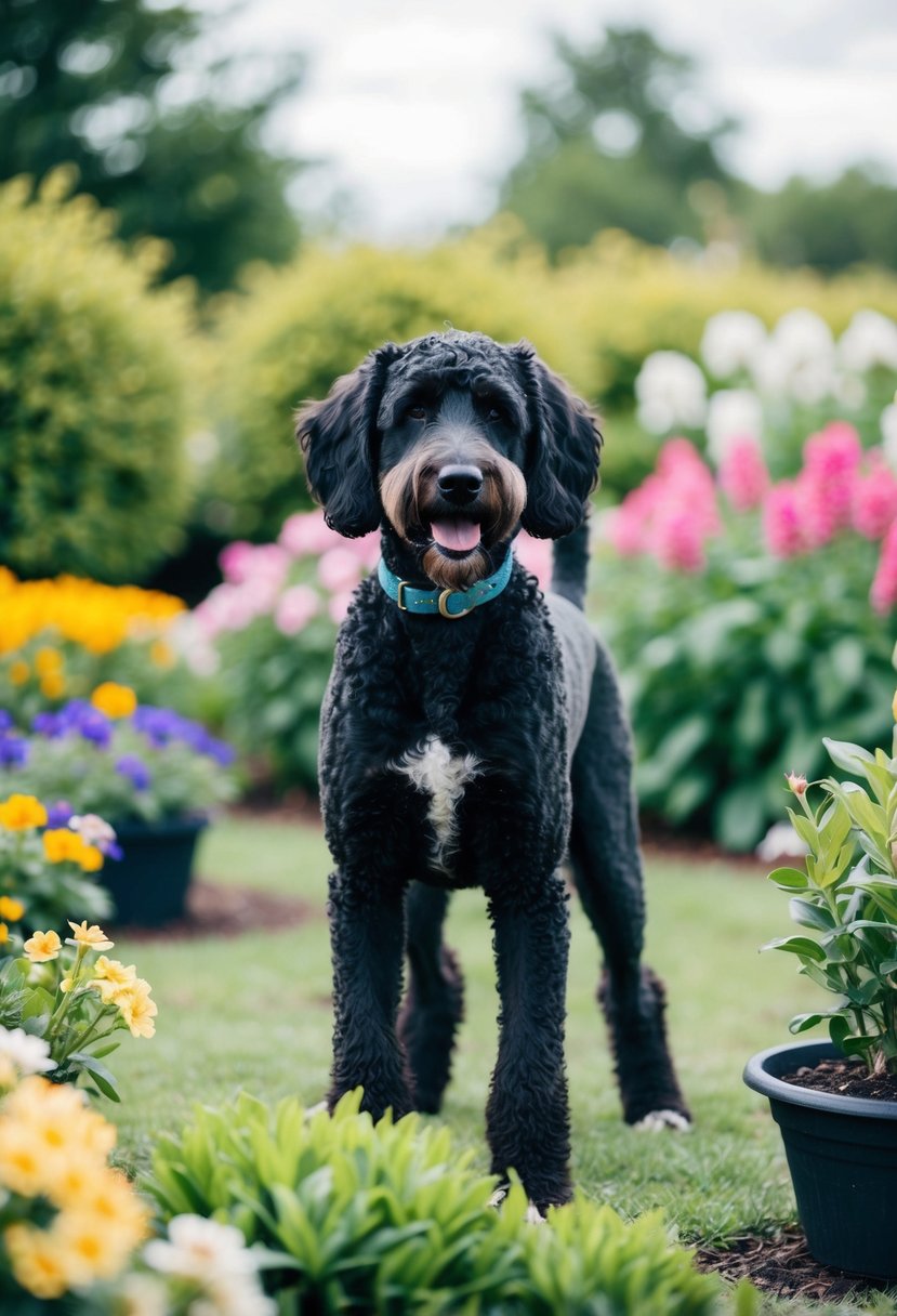 A doberdoodle, a mix of a doberman and poodle, stands proudly with a shiny coat and alert ears, surrounded by hypoallergenic plants and flowers