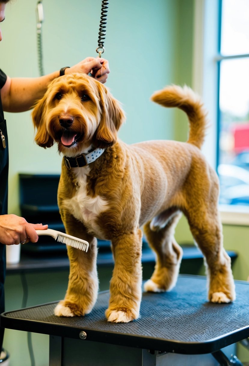 A doberdoodle stands on a grooming table, its coat being brushed and trimmed by a groomer. The dog's tail wags as it receives gentle care