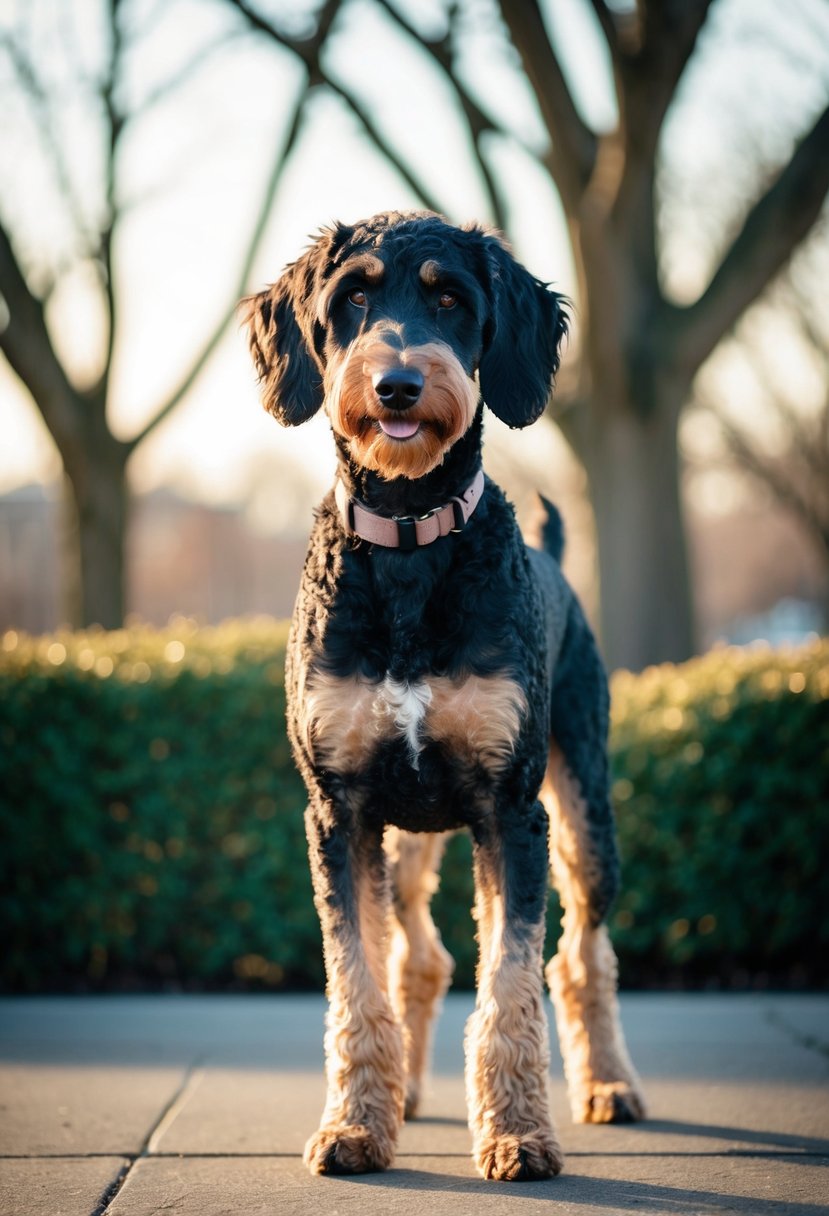 A Doberdoodle stands confidently, with alert eyes and a proud posture. Its sleek coat glistens in the sunlight, showcasing a mix of Doberman and Poodle traits