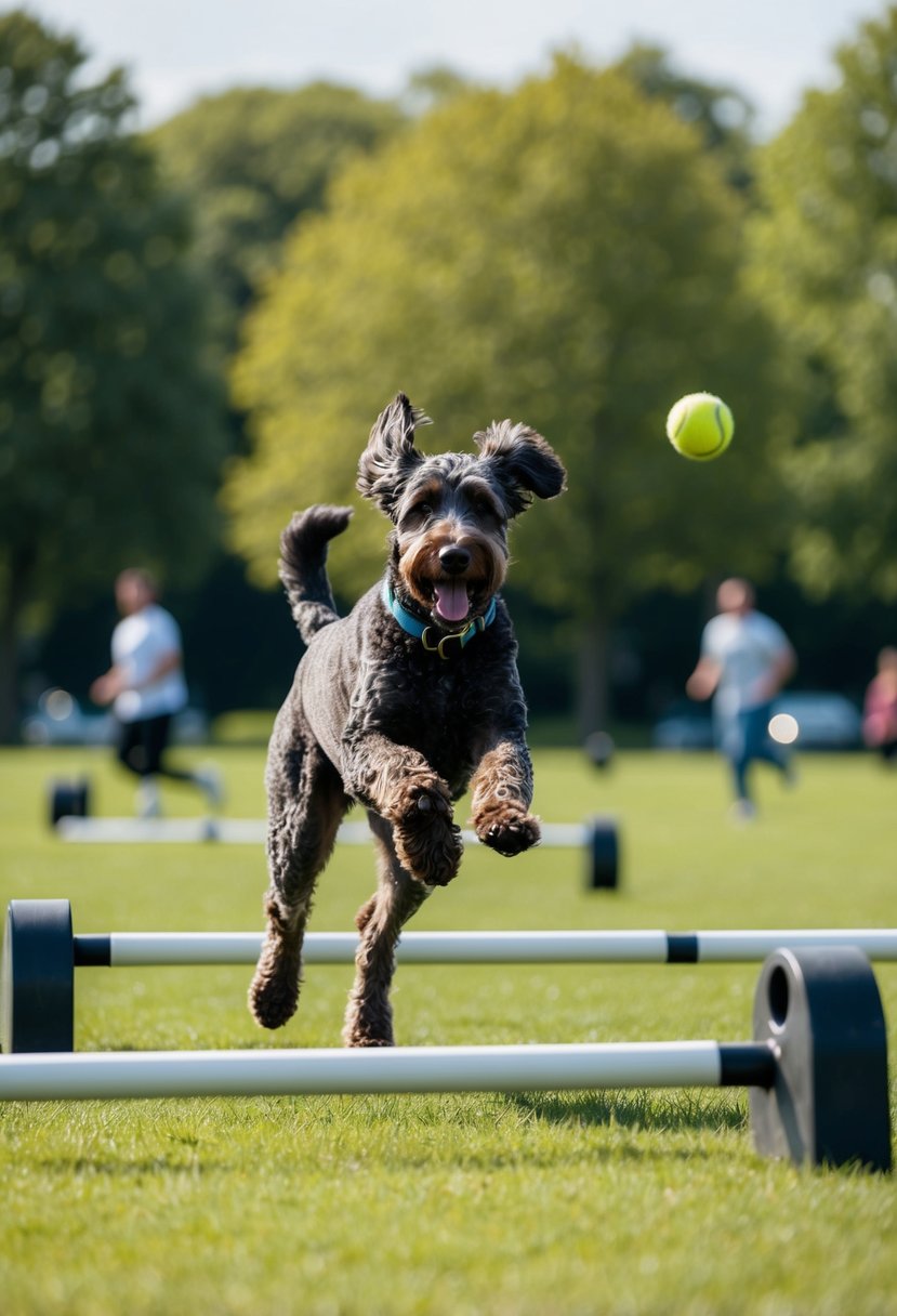 A doberdoodle, a mix of a doberman and a poodle, is running in a spacious park, leaping over obstacles and playing fetch with its owner