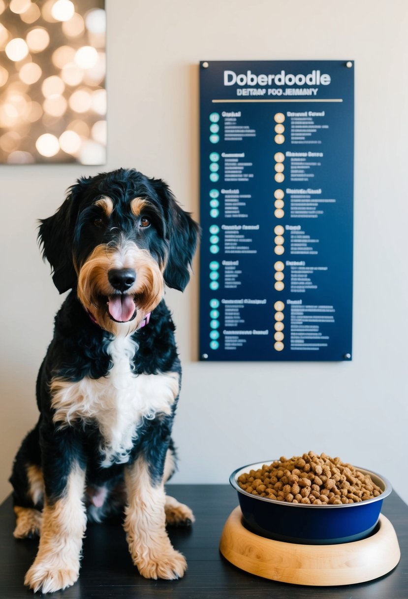 A Doberdoodle dog sits beside a bowl of balanced, nutrient-rich food. A chart on the wall lists the breed's specific dietary requirements