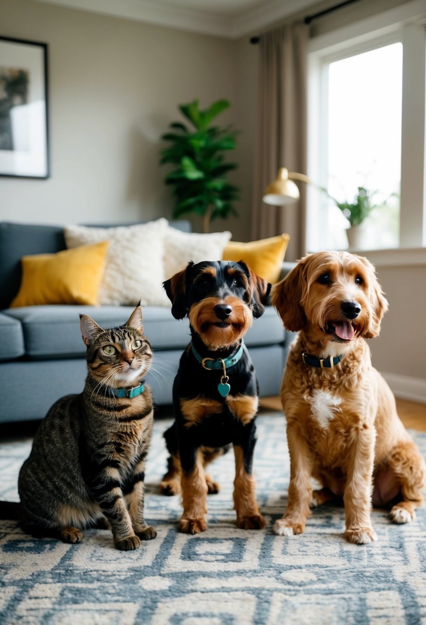 A Doodleman Pinscher plays with a Doberdoodle and a cat, all getting along peacefully in a cozy living room