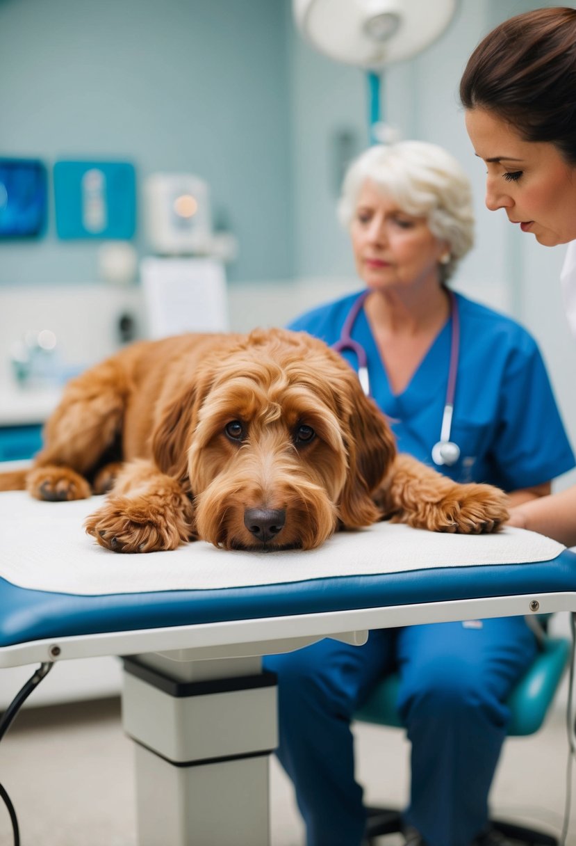 A Doberdoodle lies on a vet's examination table, while the vet checks for health problems. The Doberdoodle's concerned owner looks on from a nearby chair