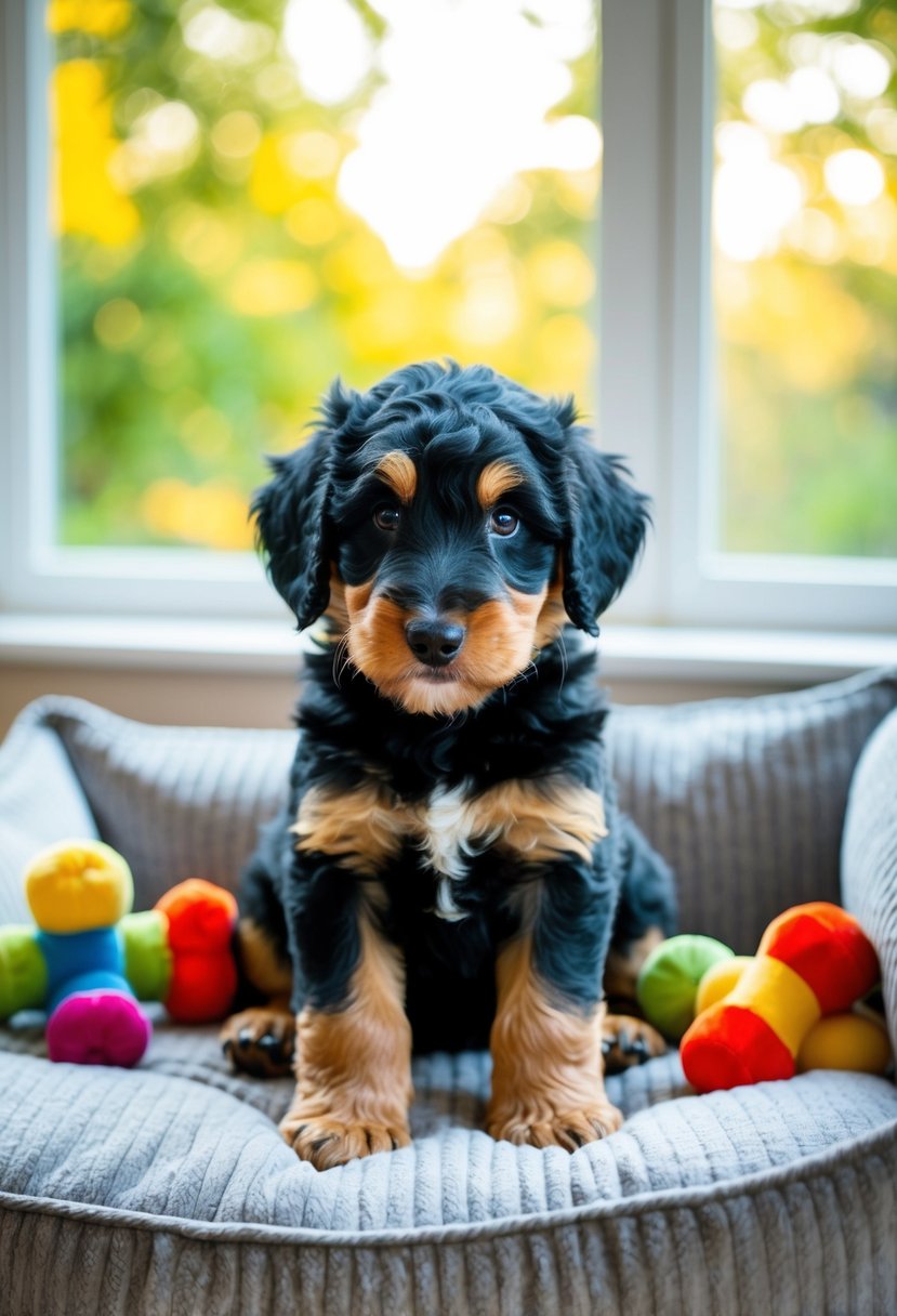 A Doberdoodle puppy sits on a plush bed, surrounded by colorful toys. Its shiny black and tan coat glistens under the warm sunlight streaming in through the window