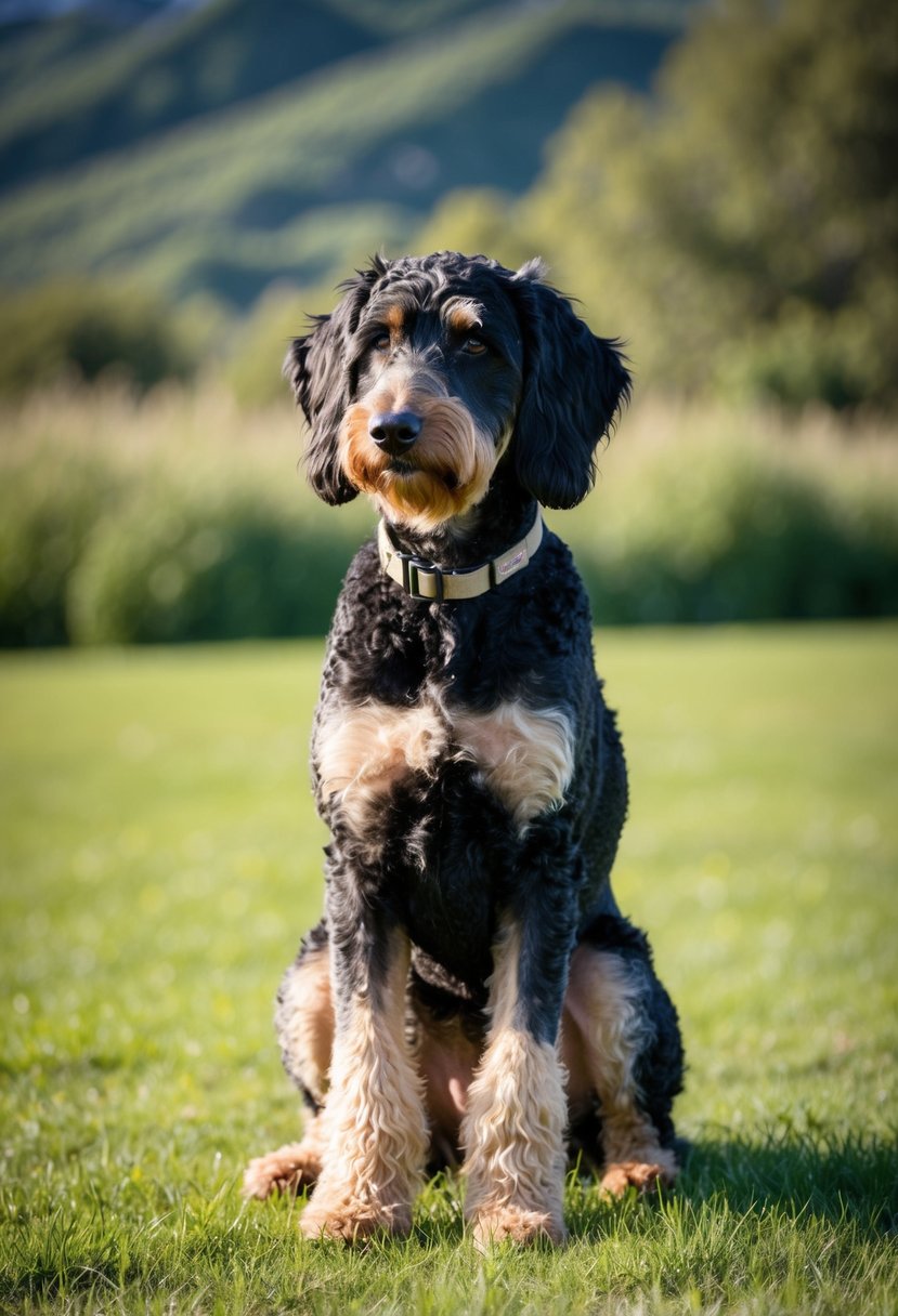 A doberdoodle, a mix between a doberman and a poodle, stands proudly in a grassy field, its sleek coat glistening in the sunlight as it gazes confidently into the distance